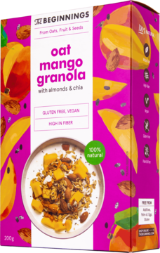 Granola owsiana The Beginnings mango z migdałami i chia, opakowanie magenta z miską granoli na jogurcie.