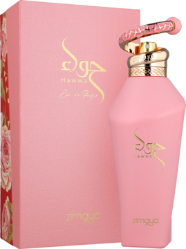 Różowa butelka perfum Hawwa Eau de Parfum z dekoracyjnym korkiem obok różowego pudełka z kwiatowym wzorem.