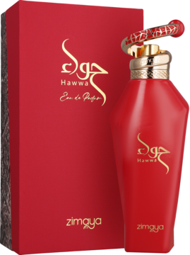 Czerwone perfumy Zimaya Hawwa EDP w flakonie, z ozdobną złoto-czerwoną zakrętką, obok dopasowanego pudełka.