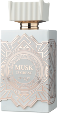 Biała butelka perfum Zimaya Musk Is Great z różowo-złotymi zdobieniami i wzorem, widok frontalny.