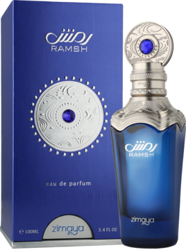 Zimaya Ramsh eau de parfum w niebieskiej butelce i pudełku ze srebrnymi zdobieniami, z niebieskim kamieniem, widok z przodu.