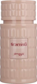 Elegancki, beżowy flakon perfum Zimaya Tiramisu Caramel z teksturowanym geometrycznym wzorem, widok z przodu.