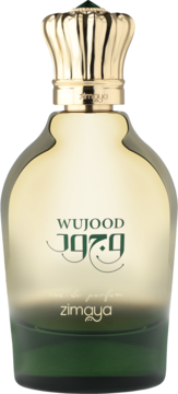 Zimaya Wujood 1979 eau de parfum, złoty flakon z zielonym dołem i rzeźbioną nakrętką, widok z przodu.