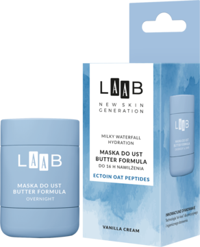 LAAB Maska do ust Butter Formula Overnight w jasnoniebieskim słoiczku i pudełku z ektoiną i peptydami.