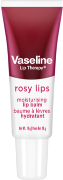 Różowo-biała tubka balsamu do ust Vaseline Lip Therapy Rosy Lips, 10g, widok z przodu.