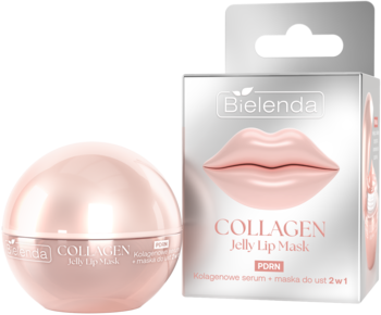 Bielenda Collagen Jelly Lip Mask w różowo-złotym słoiczku i srebrnym kartoniku, widok z przodu, z dużymi ustami na opakowaniu.