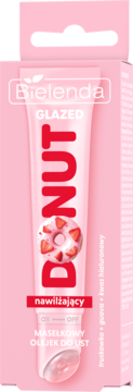 Bielenda Glazed Donut nawilżający olejek do ust truskawka+guawa, różowa tubka z aplikatorem w kartoniku.
