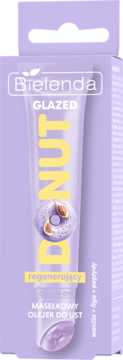 Bielenda Glazed Donut regenerujący olejek do ust. Fioletowe opakowanie z grafiką pączka, wanilia, figa, peptydy.