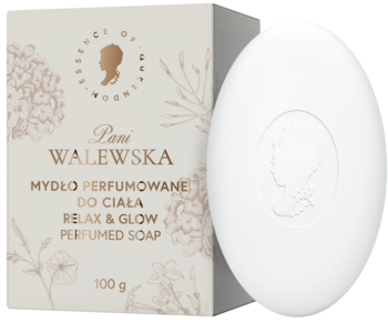 Pani Walewska RELAX & GLOW mydło perfumowane 100g, biała owalna kostka z wytłoczeniem obok beżowego pudełka.