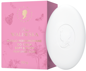 Pani Walewska SOFT & GLOW perfumowane mydło w białej owalnej kostce i różowym pudełku z motywem motyli.