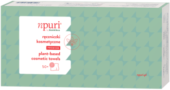 npuri by Bambiboo plant-based ręczniczki kosmetyczne w zielonym opakowaniu, widok z przodu, napis 50+.