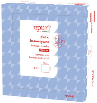 Płatki kosmetyczne npuri PREMIUM z bambusa i bawełny, widok frontalny niebiesko-białego pudełka 60 sztuk.