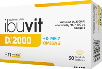 Biało-żółte pudełko Ibivit D3 2000 + K2 MK-7 Omega 3, suplement diety, 30 kapsułek, widok pod kątem.