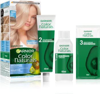 Garnier Color Naturals farba 10.01 Ultra Jasny Popielaty Blond. Zestaw z kremem koloryzującym i odżywką z awokado.