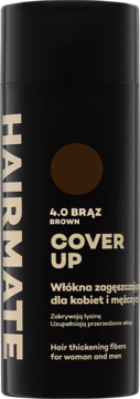 HAIRMATE COVER UP brązowe włókna zagęszczające do włosów dla kobiet i mężczyzn, czarne opakowanie, przód.