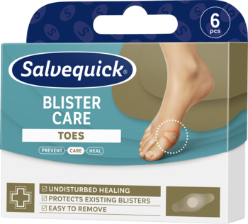 Salvequick Blister Care Toes: plastry hydrożelowe na pęcherze palców stóp w niebiesko-białym opakowaniu, widok z przodu.