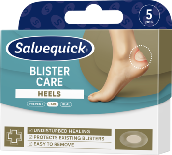 Biało-turkusowe opakowanie Salvequick Blister Care Heels, 5 hydrożelowych plastrów chroniących pięty przed otarciami.