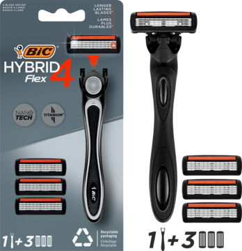 Zestaw maszynki BIC Hybrid Flex 4: czarna rączka, 4 elastyczne ostrza i 3 wkłady, na szarym opakowaniu, z przodu.