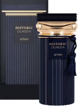 Afnan Historic Olmeda perfumy, ciemnoniebieska butelka z pionowymi żłobieniami, złotem i chwostem, widok z przodu.