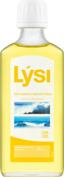 Pionowa butelka tranu islandzkiego LySi, cytrynowego, z biało-żółtą etykietą i białym korkiem, widok z przodu.