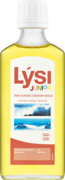 Tran islandzki Łysi Junior dla dzieci, smak mango-limonka, żółta zawartość w butelce, biała etykieta, przód.