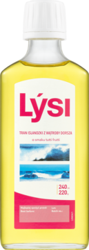 Żółty tran Łýsi z wątroby dorsza o smaku tutti frutti w przezroczystej butelce, widok z przodu.