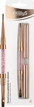Dwustronny pędzelek do zdobień KillyS w rose gold z różowym brokatem, w blistrze. Widok z przodu.