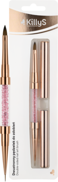 Pędzelek KillyS dwustronny do zdobień paznokci w blistrze, różowy brokat, rose gold akcenty, widok z przodu.