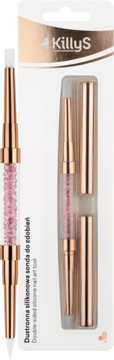 KillyS dwustronna sonda silikonowa do zdobień paznokci, różowe złoto z brokatem, w blistrze, widok z przodu.
