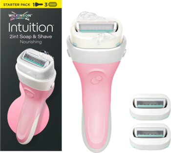 Zestaw startowy Wilkinson Intuition 2w1 Nourishing: różowa maszynka z 3 wkładami, opakowanie na żółtym tle. Widok z przodu.