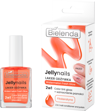 Bielenda Jellynails, pomarańczowy lakier odżywka 2w1 do wzmocnienia paznokci, w butelce i białym kartoniku.