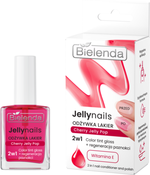 Bielenda Jellynails Cherry Jelly Pop, różowy lakier i odżywka 2w1, obok kartonowe opakowanie, widok z przodu.