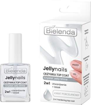 Bielenda Jellynails 2w1 odżywka top coat Crystal Jelly Shine, butelka obok opakowania, widok z przodu.