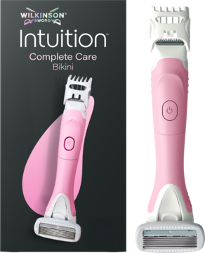 Różowo-biała maszynka Wilkinson Sword Intuition Complete Care Bikini z trymerem, widok w opakowaniu i solo.