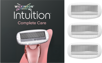 Wilkinson Sword Intuition Complete Care: 4 wkłady, białe z 5 ostrzami, jeden na uchwycie, 3 obok.