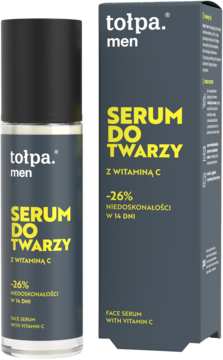 Tołpa men serum do twarzy z witaminą C w ciemnej butelce i pudełku, redukujące niedoskonałości, widok z przodu.