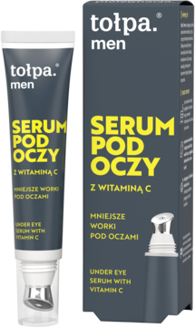 Tolpa Men serum pod oczy z witaminą C, ciemnoszara tubka i pudełko. Widok z przodu, zmniejsza worki pod oczami.
