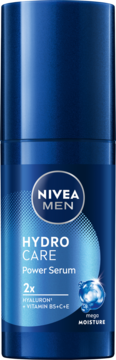 Niebieskie serum NIVEA MEN Hydro Care Power z pompką, do twarzy, z makro i mikro kwasem hialuronowym.