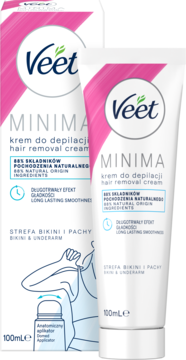 Biała tubka Veet Minima krem do depilacji 100ml na bikini i pachy, z różowym logo i pudełkiem z tyłu.