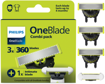 Zielono-żółte opakowanie Philips OneBlade Combi pack: wymienne ostrza 360 (3x) i Intimate (1x). Działa do 4 miesięcy.