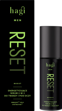 Hagi MEN RESET energetyzujące serum 2w1 do twarzy i pod oczy, czarne pudełko i butelka z zielonym tekstem.