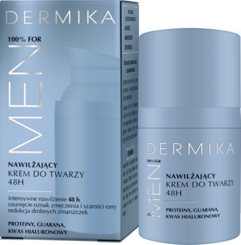 DERMIKA MEN nawilżający krem 48H w niebieskim pudełku i butelce, widok z przodu pod kątem.