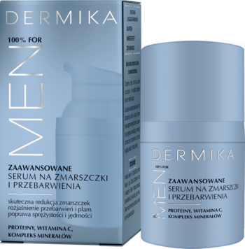 DERMIKA 100% for MEN serum na zmarszczki i przebarwienia, w niebieskim pudełku i butelce z pompką, widok z przodu.