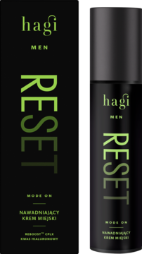 Hagi Men RESET nawadniający krem miejski z kwasem hialuronowym, czarna butelka i pudełko, widok z przodu.