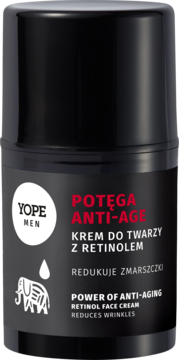 Czarny krem do twarzy YOPE MEN Anti-Age z retinolem, cylindryczne opakowanie z czerwonym napisem i logo słonia.