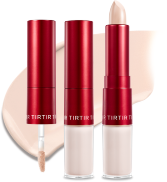TIRTIR Glide & Hide Blurring Concealer 0.5N. Trzy czerwono-białe tubki, z płynnym korektorem i sztyftem.