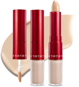 Trzy beżowe dwustronne korektory TIRTIR Glide & Hide Blurring Concealer, w tym otwarty sztyft i płynny z aplikatorem.