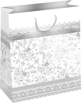 Luksusowa biała torebka prezentowa z uchwytami, zdobiona srebrnym kwiatowym wzorem i koronkowymi bordiurami.