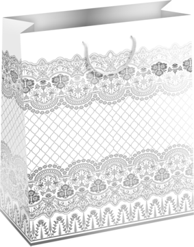 Biała luksusowa torebka prezentowa, z błyszczącym srebrnym nadrukiem w koronkowy wzór, widok z przodu.