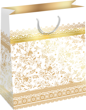 Biała luksusowa torebka prezentowa, duża, ze złotymi roślinnymi uszlachetnieniami i sznurkowymi uchwytami, widok z przodu pod kątem.